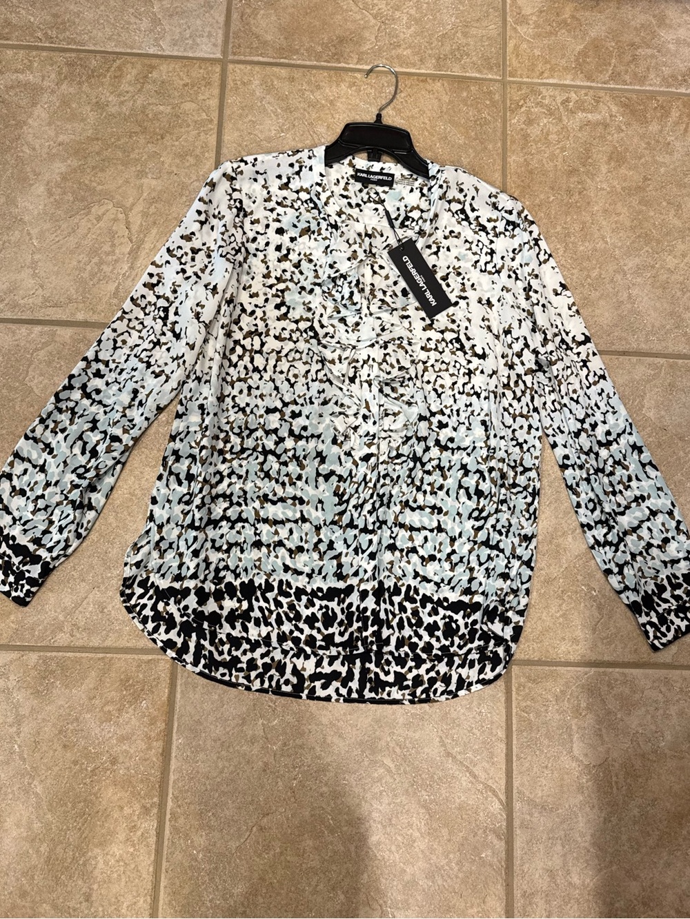 Karl Lagerfeld White and Black Abstract Print Ruffled Blouse